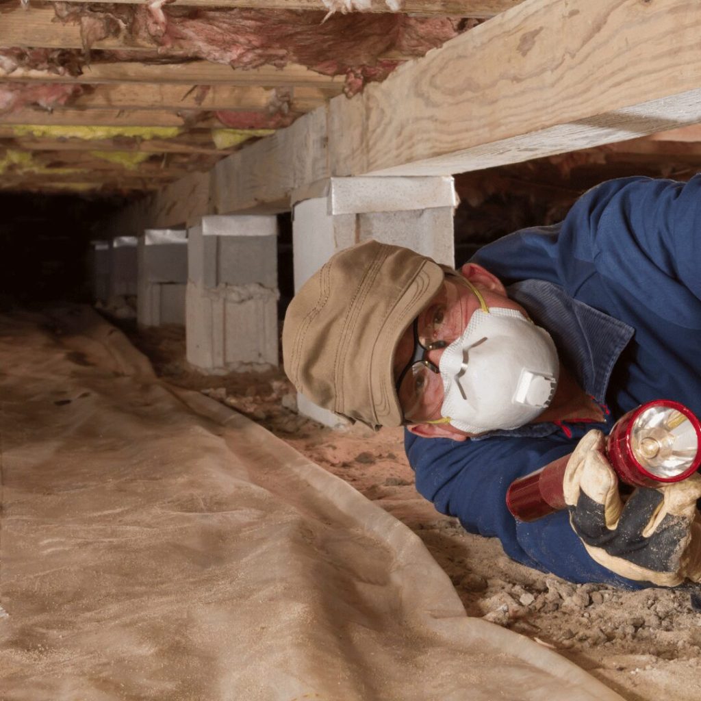 Inspector examining a home's crawl space
