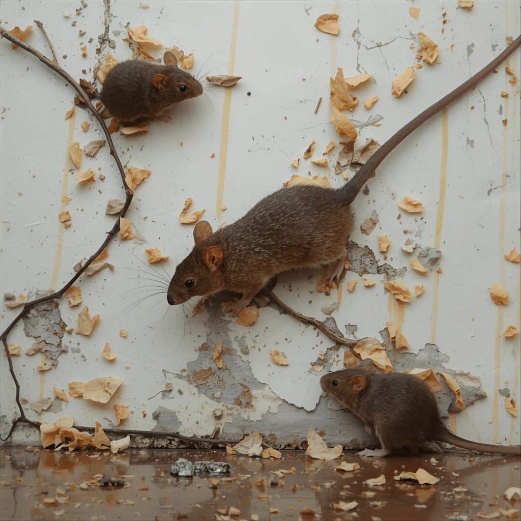 Rats and droppings on a damaged wall