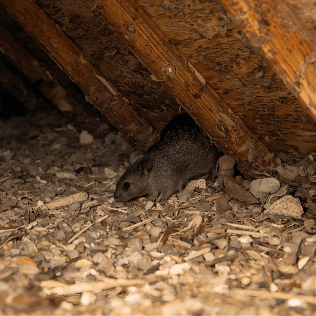 Mouse in debris between attic rafters