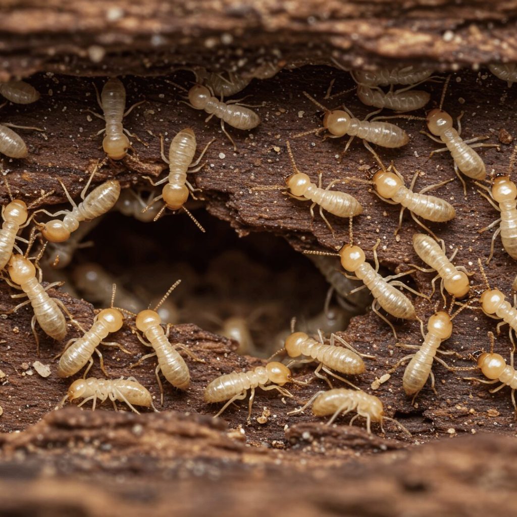Termites tunneling through damaged wood