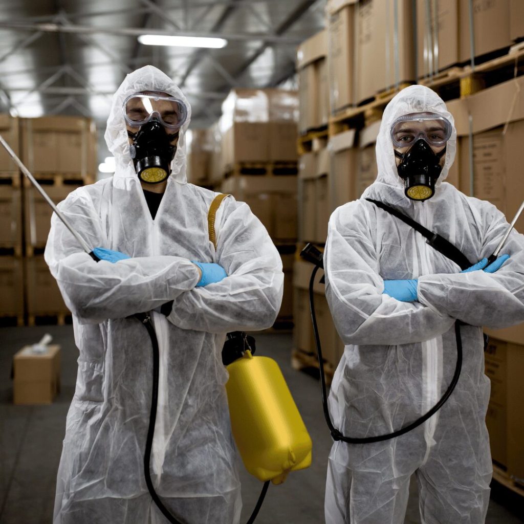 Pest control technicians in protective suits in a warehouse